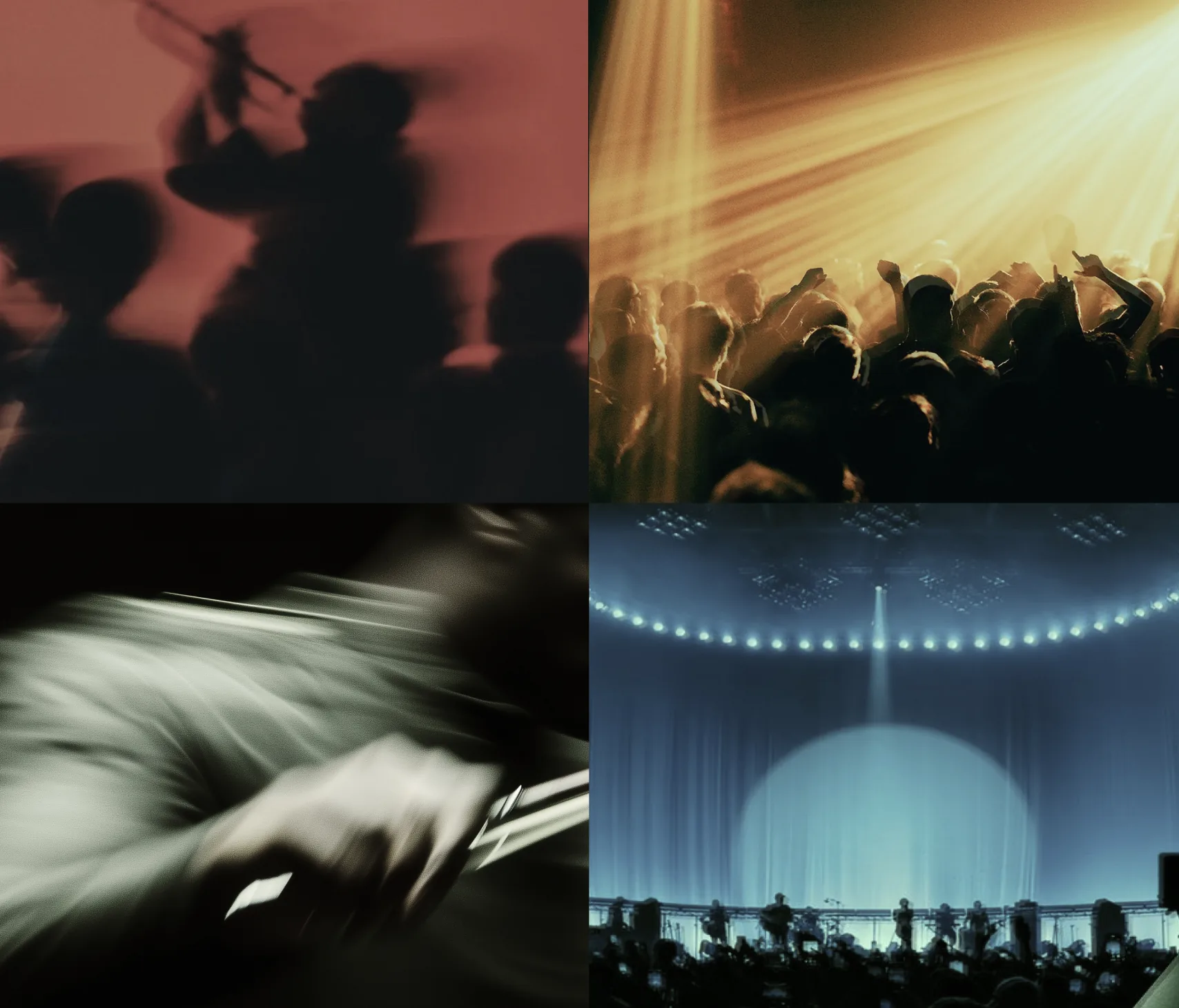 Four reference frames: a blurred brass player in rust, a backlit crowd under amber rays, hands on strings smeared in cool green, and a stage under a cold blue spotlight