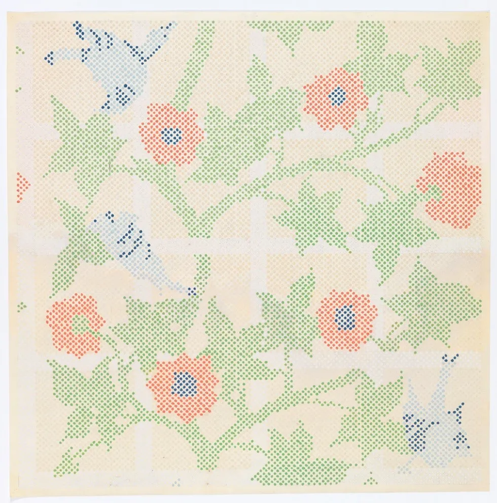 A floral wallpaper pattern rendered entirely in colored Ben-Day-style dots