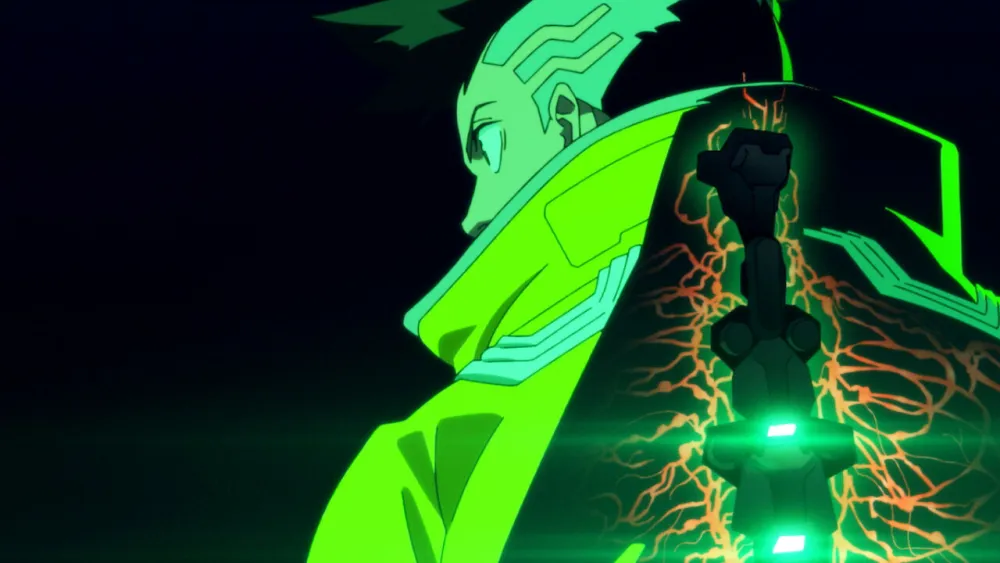 A cybernetically modified figure shown in a luminous green anatomical cutaway in Cyberpunk: Edgerunners