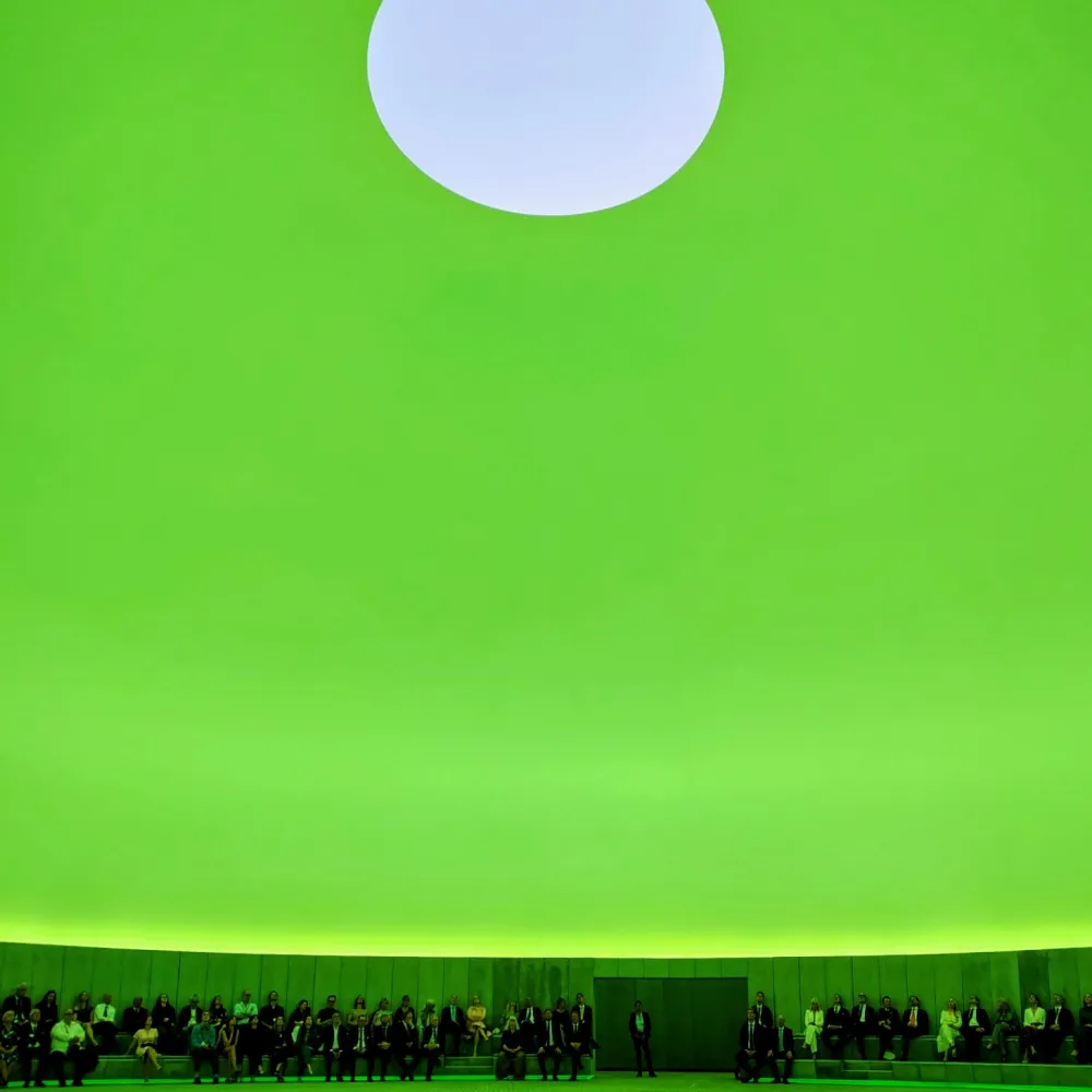 James Turrell’s As Seen Below installation, a circular opening above a luminous green chamber