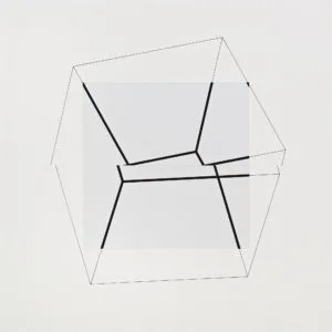 Manfred Mohr’s Cubic Limit II, a divided cube projected as black lines on white